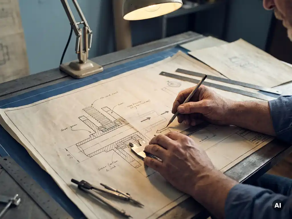 Ingenieurshände ordnen Lastendiagramme und Kraftvektoren auf technischer Zeichnung mit Bauteilquerschnitt am Zeichentisch.