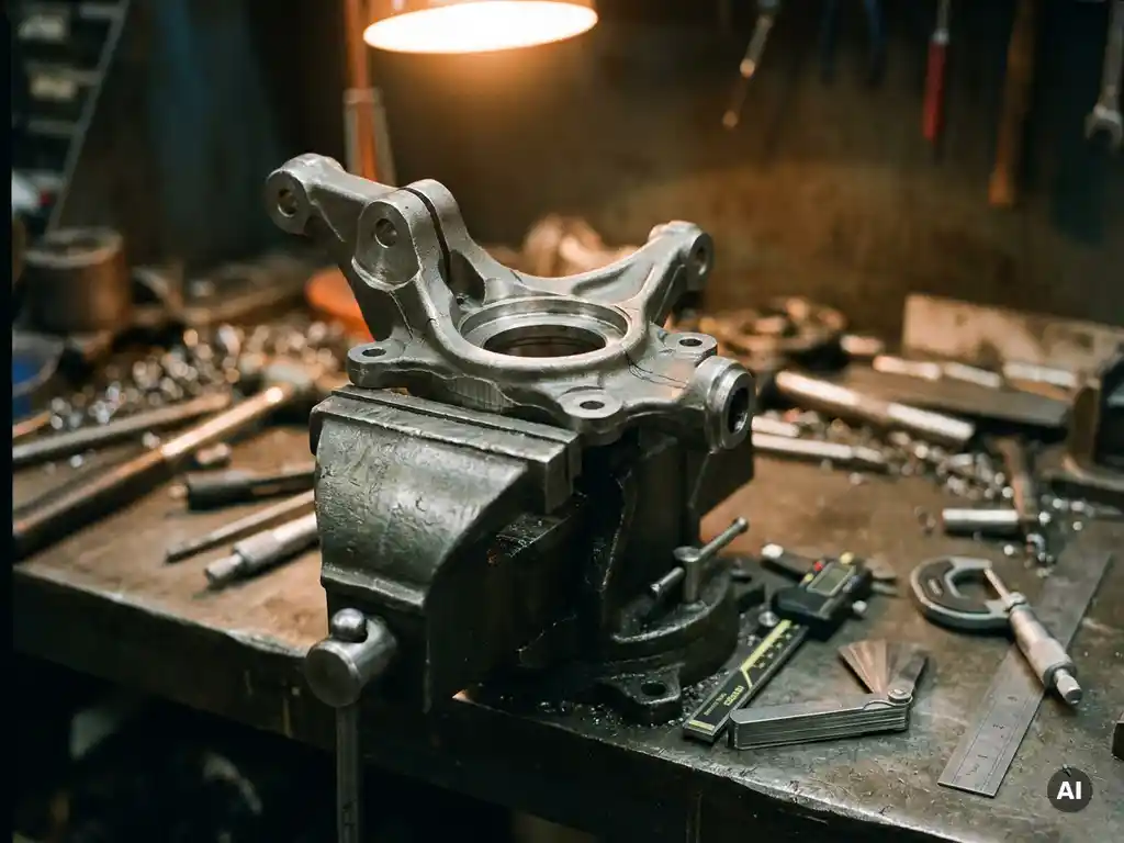 Geschmiedete Stahl-Achsschenkel eingespannt in Werkstattschraubstock, umgeben von Messschiebern und Präzisionswerkzeugen auf Metallwerkbank.