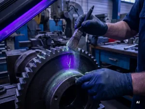 Techniker trägt Magnetpulver auf Stahlbauteil auf, UV-Licht enthüllt Haarriss bei der zerstörungsfreien Prüfung.