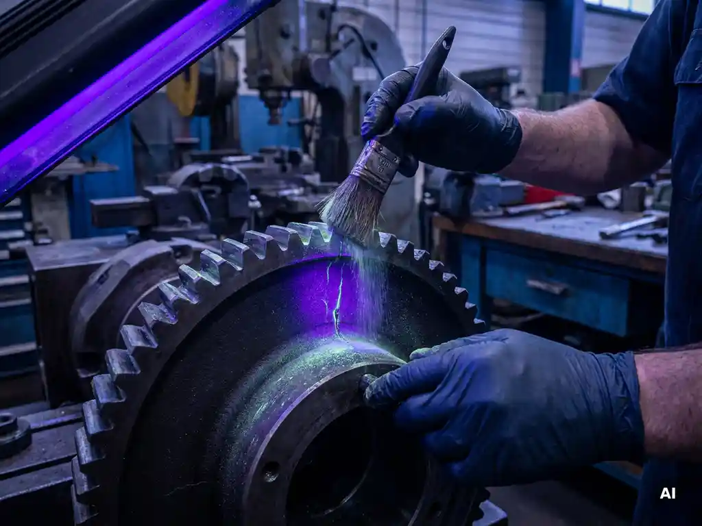 Techniker trägt Magnetpulver auf Stahlbauteil auf, UV-Licht enthüllt Haarriss bei der zerstörungsfreien Prüfung.