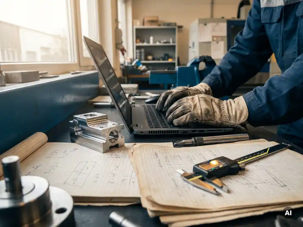 Maschinenbauingenieur tippt auf Laptop neben präzisem Metallteil, digitalem Messschieber und Berechnungsblättern in einer Industriewerkstatt.