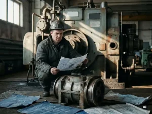 Verwirrter Maschinenbauingenieur vor einer Industriemaschine ohne Beschriftungen, technische Zeichnungen auf dem Werkstattboden verstreut.