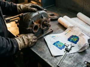 Ingenieur in Schutzhandschuhen untersucht verschlissenes Maschinenbauteil neben FEM-Analyseausdrucken und Messschieber auf Stahlwerkbank.