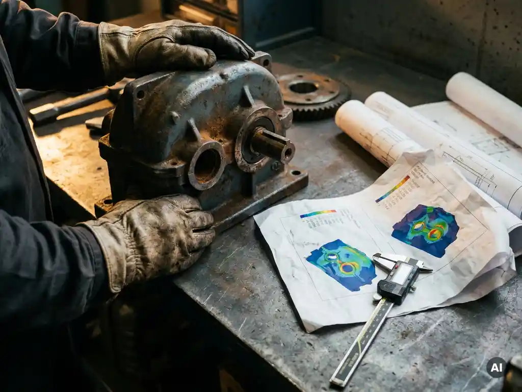 Ingenieur in Schutzhandschuhen untersucht verschlissenes Maschinenbauteil neben FEM-Analyseausdrucken und Messschieber auf Stahlwerkbank.