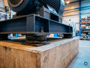 Industriemaschine auf Betonfundament mit Gummi-Schwingungsdämpfern unter dem Grundrahmen in einer modernen Fabrikhalle.