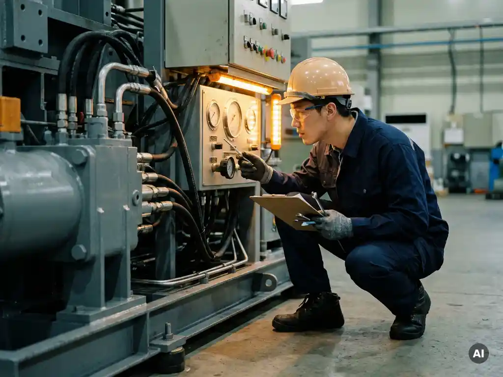 Maschinenbauingenieur in Schutzausrüstung prüft Hydraulikkomponenten einer Industriemaschine mit Klemmbrett in beleuchtetem Werk.