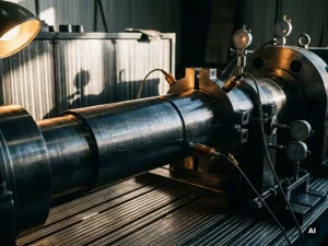 Stahlmaschinenschaft in Prüfstand eingespannt, Messaufnehmer sichtbar, Ermüdungsrisse auf Metalloberfläche, dramatisches Seitenlicht.