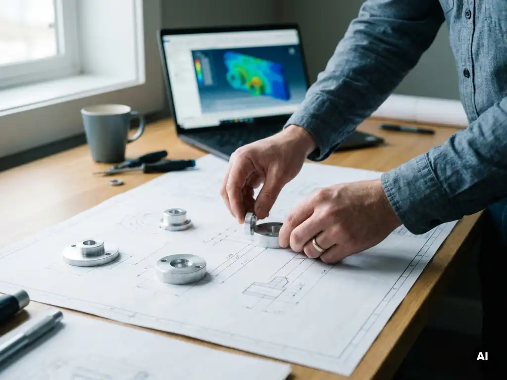 Ingenieurshände ordnen Aluminiumbauteile auf technischer Zeichnung; Laptop mit Finite-Elemente-Netz im Hintergrund.