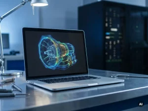 Laptop auf Stahl-Werkbank zeigt FEM-Stressanalyse eines Bauteils als farbiges Drahtgitter-Modell, Serverrack unscharf im Hintergrund.