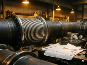 Metallischer Kompensator mit Wellbalg zwischen zwei Stahlrohren in einer Fabrik, technische Zeichnungen auf Werkbank im Hintergrund.