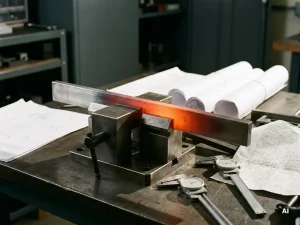 Metallprüfkörper mit Wärmegradient von silbergrau bis tiefem Bernsteinrot, eingespannt in Präzisionsvorrichtung auf Laborwerkbank.