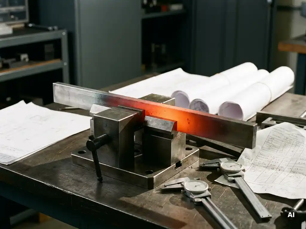 Metallprüfkörper mit Wärmegradient von silbergrau bis tiefem Bernsteinrot, eingespannt in Präzisionsvorrichtung auf Laborwerkbank.