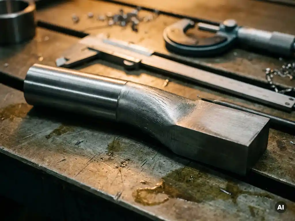 Metallprüfkörper aus poliertem Stahl mit sichtbarer plastischer Verformung und Spannungslinien auf einer Werkbank.