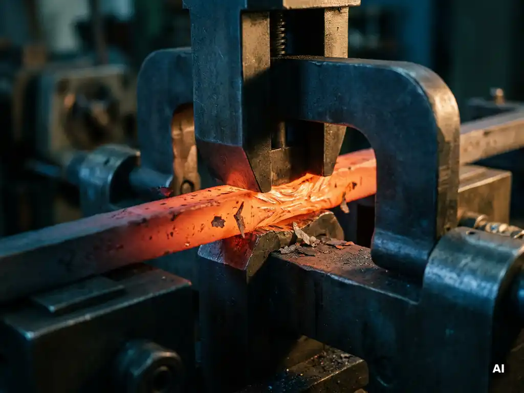 Rotglühendes Metallbauteil verformt sich unter Industrieklemme in Präzisionswerkstatt, dramatisches Schmiedeglühen auf dunkelgrauem Stahl.