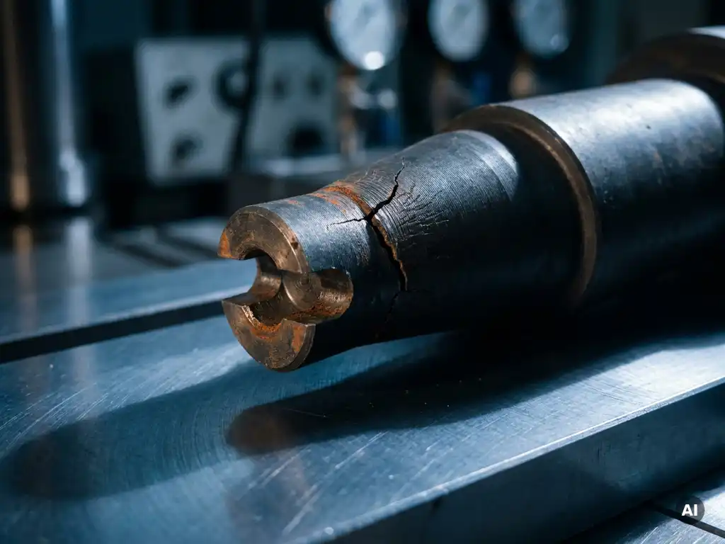 Gebrochene Metallwelle mit Spannungsriss und Ermüdungslinien an der Bruchstelle, auf poliertem Stahl in einem Ingenierurlabor.