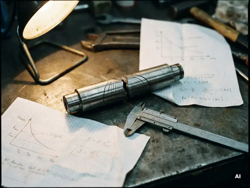 Gebrochene Metallwelle mit Ermüdungsrisslinien durch zyklische Belastung, Messschieber und S-N-Kurven-Skizzen auf Millimeterpapier im Hintergrund.