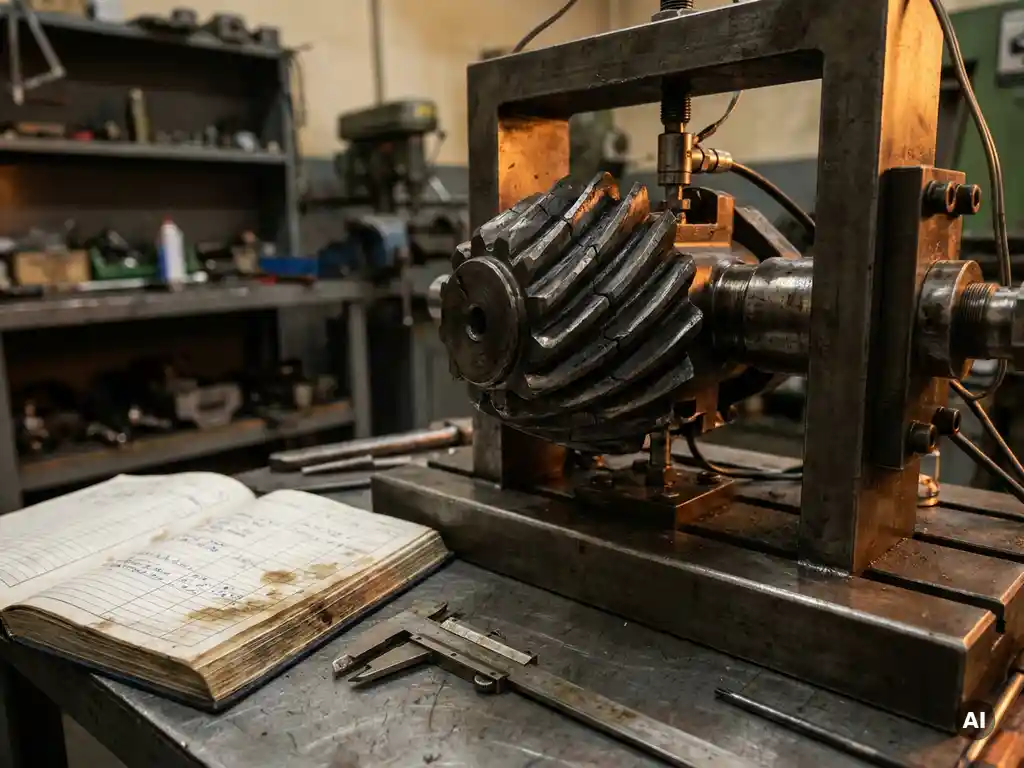 Metallwelle mit sichtbaren Ermüdungsrissen im Prüfstand, Messschieber und Logbuch auf Stahlwerkbank, dramatisches Seitenlicht.