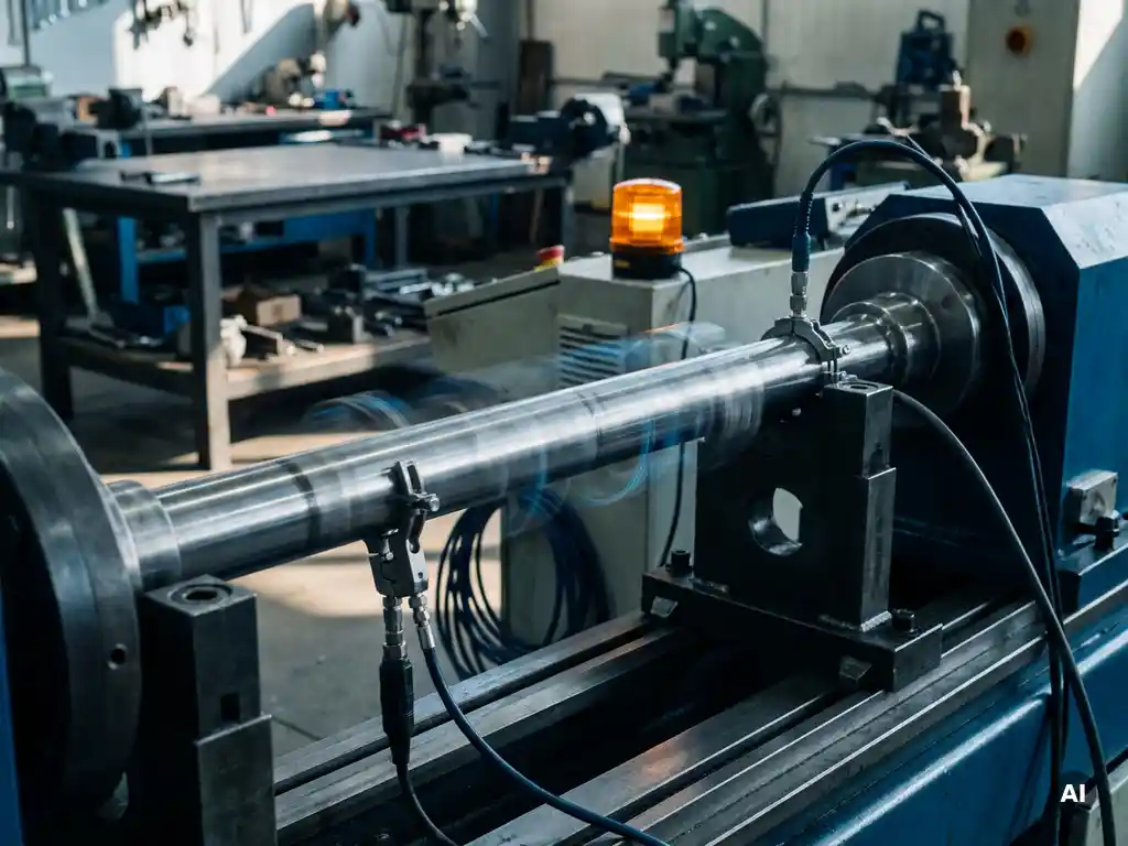 Präzisionsgefertigte Metallwelle unter mechanischer Belastung in Prüfstand mit Sensorklemmen und sichtbaren Schwingungsspuren.