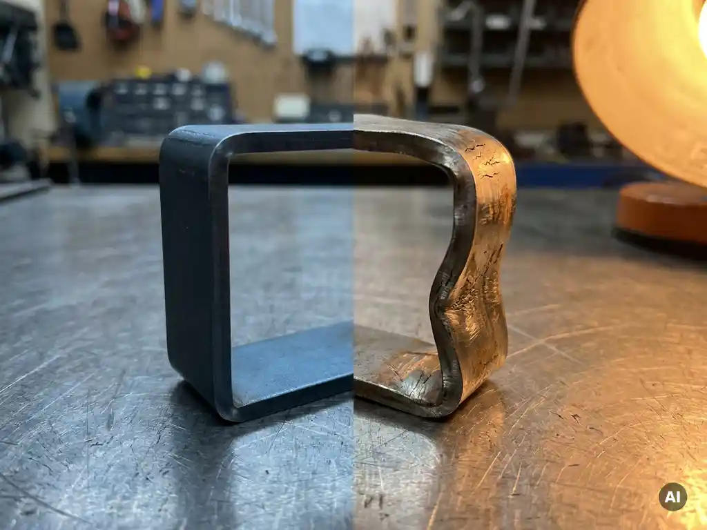 Metallwinkel unter mechanischer Belastung zeigt Verformung auf gebürstetem Stahl-Werkbank, Kontrast zwischen intakter und deformierter Seite.