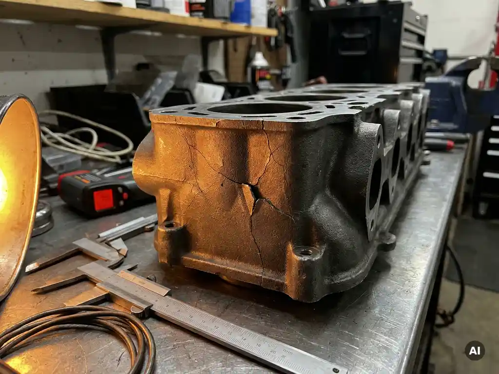 Metallisches Motorenbauteil mit sichtbaren Risslinien und Mikrorissen auf der Oberfläche, beleuchtet mit Streiflicht auf Präzisionswerkbank.