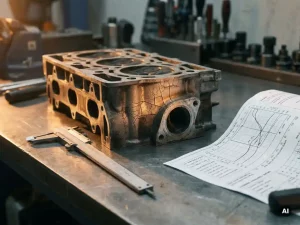 Metallisches Motorenbauteil mit hitzebedingten Mikrorissen auf Präzisionswerkbank, umgeben von Messschiebern und Wärmeanalyse-Bericht.
