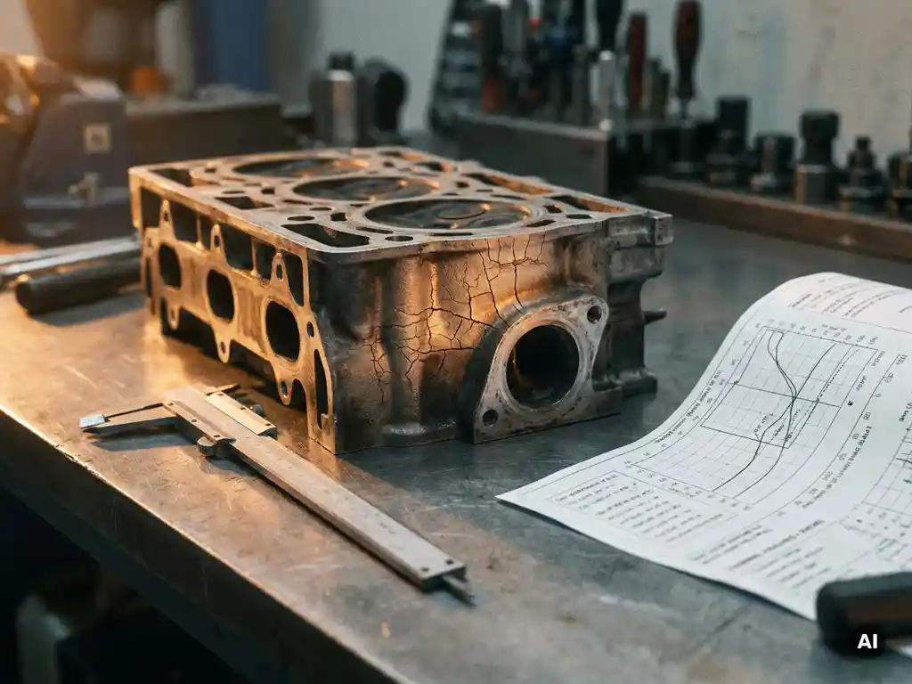 Metallisches Motorenbauteil mit hitzebedingten Mikrorissen auf Präzisionswerkbank, umgeben von Messschiebern und Wärmeanalyse-Bericht.