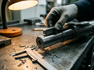 Passfeder wird in Wellennut eingepasst, umgeben von Metallspänen und Messschieber auf Werkstattoberfläche.
