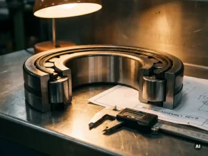 Präzisions-Rollenlager-Querschnitt auf Stahlwerkbank mit Messschieber und technischer Zeichnung im Hintergrund.