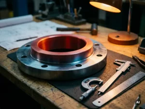 Rotglühender Stahlflansch auf Werkbank mit Messgeräten, zeigt Wärmegradient von orange-rotem Kern zu kühlen Metallrändern.