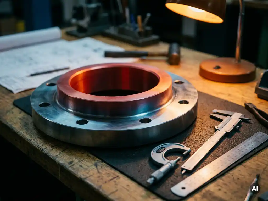 Rotglühender Stahlflansch auf Werkbank mit Messgeräten, zeigt Wärmegradient von orange-rotem Kern zu kühlen Metallrändern.