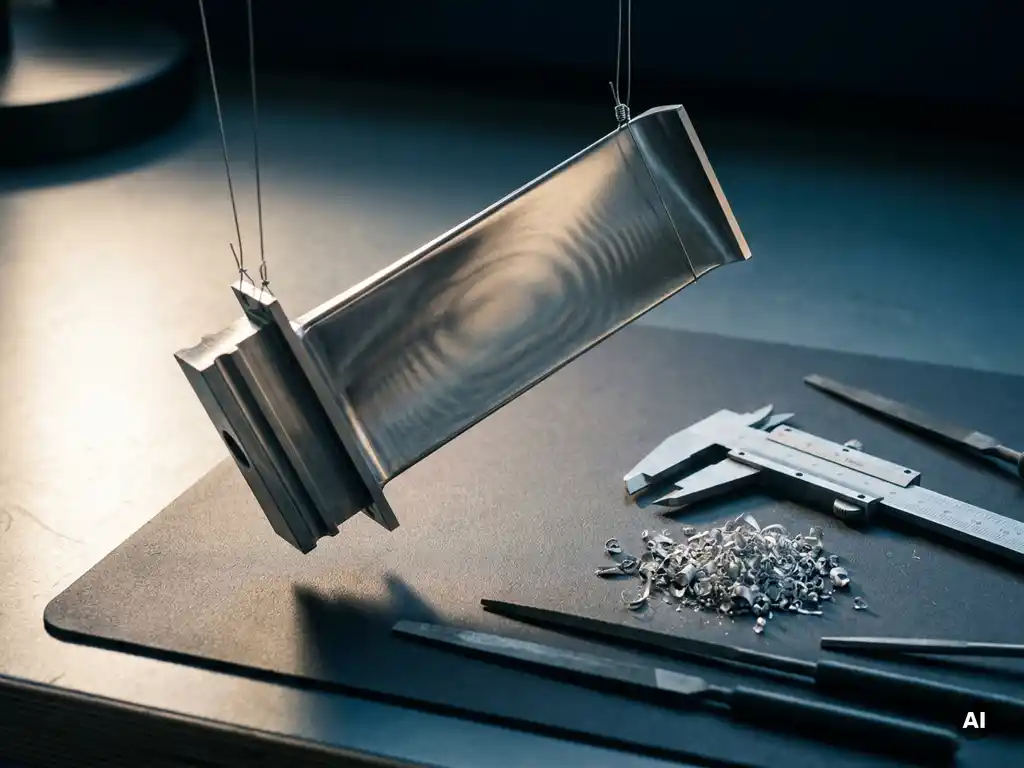 Präzisionsgefertigte Turbinenschaufel aus Stahl mit Schwingungsmustern auf Werkbank, umgeben von Messschiebern und Aluminiumspänen.