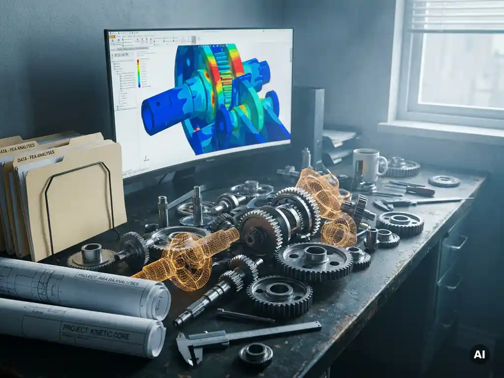 Präzisionsgefertigte Zahnräder und Wellen auf einem Ingenieursarbeitsplatz neben einem Monitor mit strukturellen Spannungskarten in Blau und Amber.