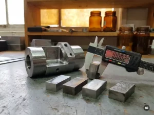Präzisionsgefertigtes Metallteil auf Ingenieursschreibtisch neben Werkstoffproben und digitalem Messschieber im Laborlicht.