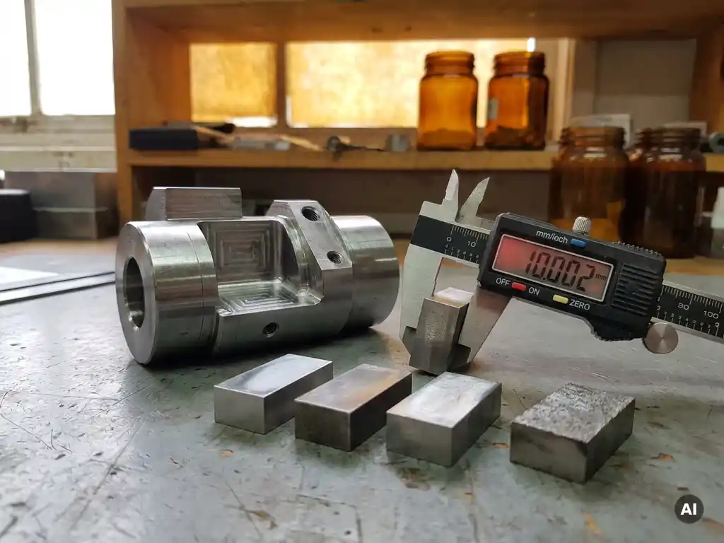 Präzisionsgefertigtes Metallteil auf Ingenieursschreibtisch neben Werkstoffproben und digitalem Messschieber im Laborlicht.