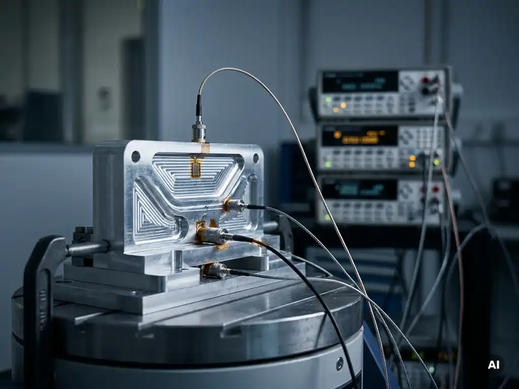 Präzisionsgefertigtes Metallteil auf Schwingungsprüfstand mit Beschleunigungssensoren und Messkabeln im Ingenierurlabor.