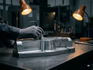 Ingenieur mit Handschuh führt Ultraschallsonde über Metallbauteil mit Ermüdungsrissen auf Prüftisch.