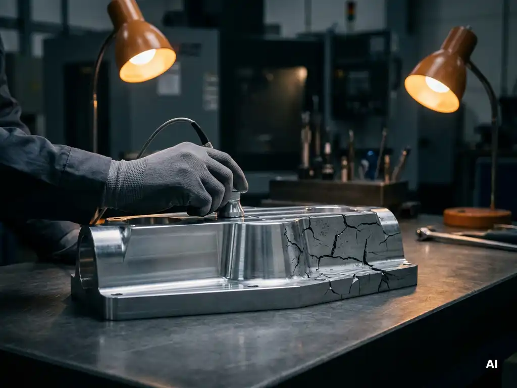 Ingenieur mit Handschuh führt Ultraschallsonde über Metallbauteil mit Ermüdungsrissen auf Prüftisch.