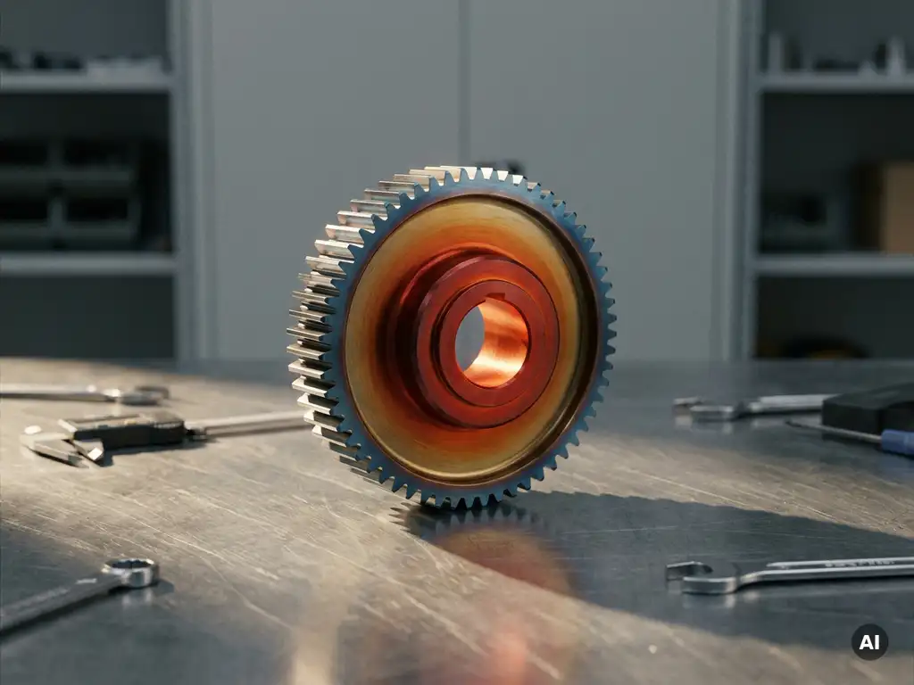 Präzisionsgefertigtes Metallteil mit Wärmegradient von Rot-Orange im Kern zu Stahlblau an den Rändern auf Werkbank.