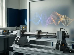 Präzisionsgefertigte Metallwelle in einem Prüfstand unter dynamischer Last mit Frequenzgang-Kurven auf Mattglasplatte im Hintergrund.