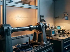 Präzisionsgefertigte Metallwelle in Prüfstand unter harmonischer Schwingungslast mit Sinuswellenmuster auf Mattglasscheibe im Hintergrund.