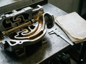Aufgeschnittenes Industriepumpengehäuse mit fließender Bernsteinflüssigkeit in gefrästen Kanälen, Messschieber und technische Datenblätter auf Stahlwerkbank.