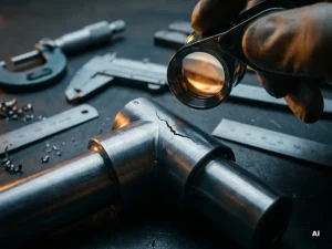 Ingenieur untersucht Haarriss auf Stahloberfläche mit Lupe, Messwerkzeuge auf Werkbank, Makroaufnahme.