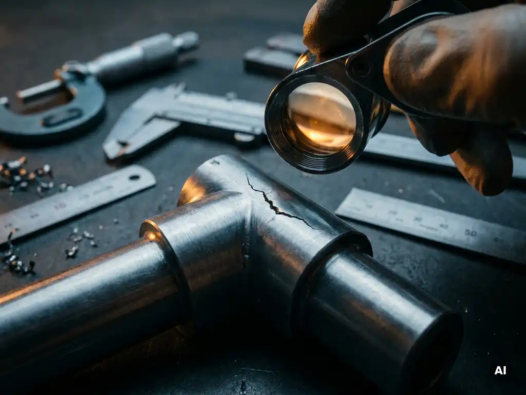 Ingenieur untersucht Haarriss auf Stahloberfläche mit Lupe, Messwerkzeuge auf Werkbank, Makroaufnahme.