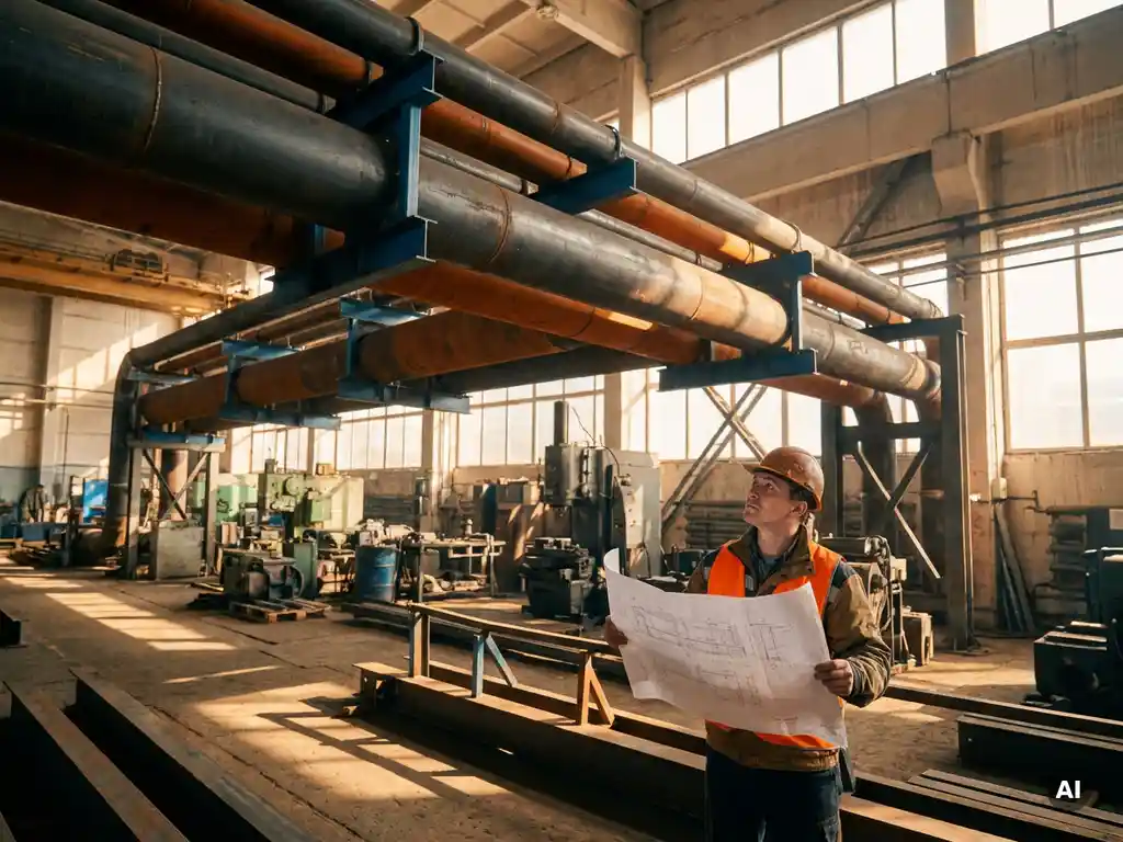 Maschinenbauingenieur prüft technische Zeichnungen neben einer Rohrbrücke aus Stahl in einer Industriehalle.