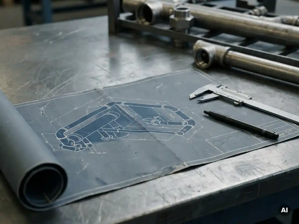 Rohr-Isometrie-Zeichnung auf Stahltisch mit Messschieber und Technischem Stift, Industrierohre im unscharfen Hintergrund.