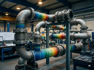 Industrielles Rohrsystem mit Flanschen und Dehnungsverbindern, farbige Spannungsanalyse-Markierungen in Blau- und Bernsteintönen auf Metalloberflächen.