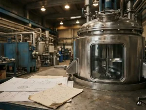 Edelstahl-Rührkessel mit sichtbaren Rührblättern, umgeben von technischen Zeichnungen und Berechnungsblättern auf einer Werkstattoberfläche.