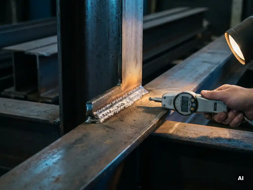Nahaufnahme einer Schweißnaht an einem Stahlträger mit Kraftmessgerät, industrielle Werkstatt im Hintergrund.