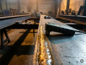 Ultraschallprüfsonde auf frischer Schweißnaht an Stahlbauteil, industrielle Werkstatt mit Stahlträgern im Hintergrund.