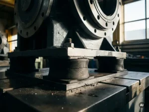 Schweres Maschinengehäuse auf Gummi-Schwingungsdämpfern mit Metallflansch und Elastomer-Isolierpads in Industriewerkstatt.